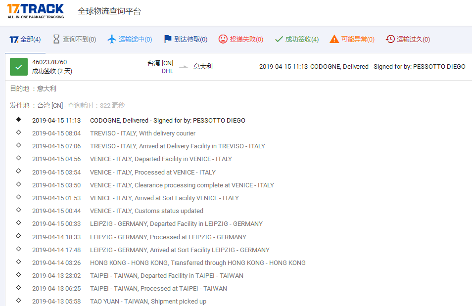 DHL專(zhuān)線-TW到意大利簽收時(shí)效